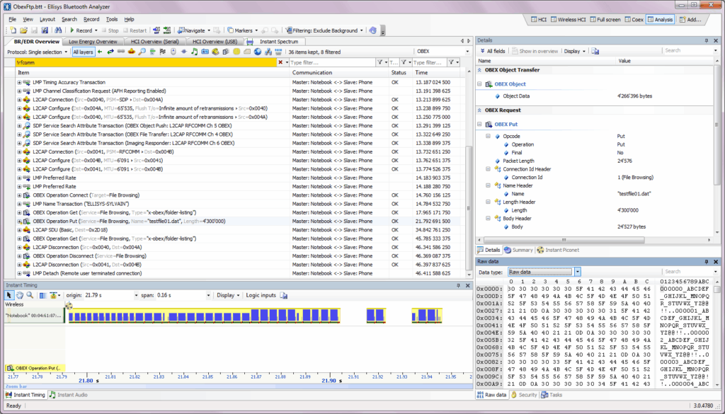 Classic Bluetooth, Low Energy, and HCI traffic is displayed in designated Overviews